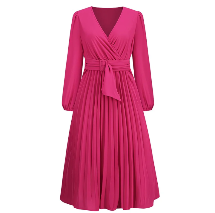 Long sleeve, v neck pleated dress for ladies 3