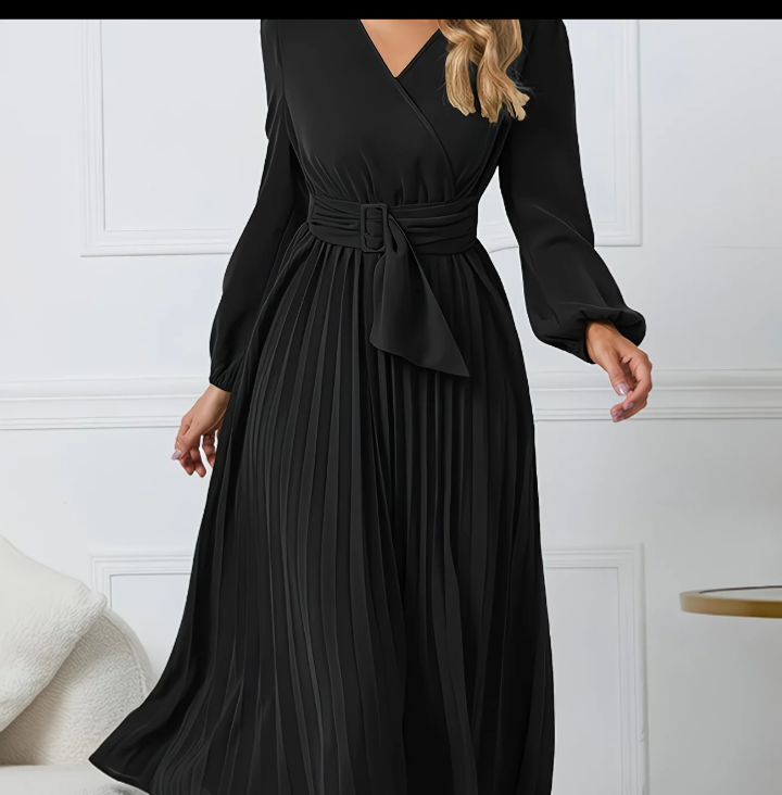 Long sleeve, v neck pleated dress for ladies 2